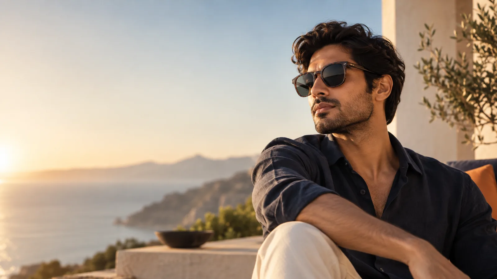 A man wearing sunglasses at golden hour, looking out over the sea