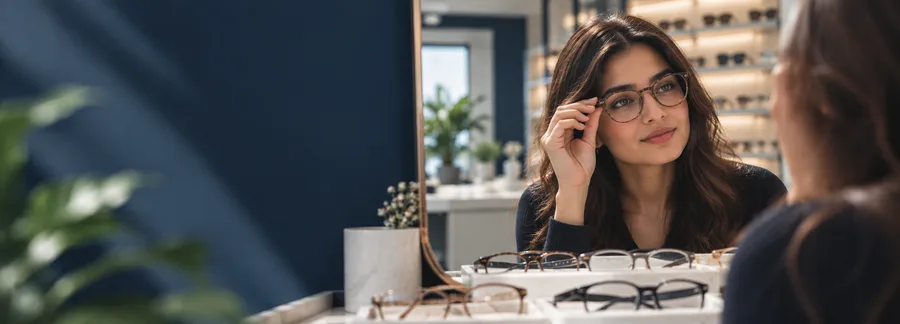 A customer trying on prescription eyeglasses