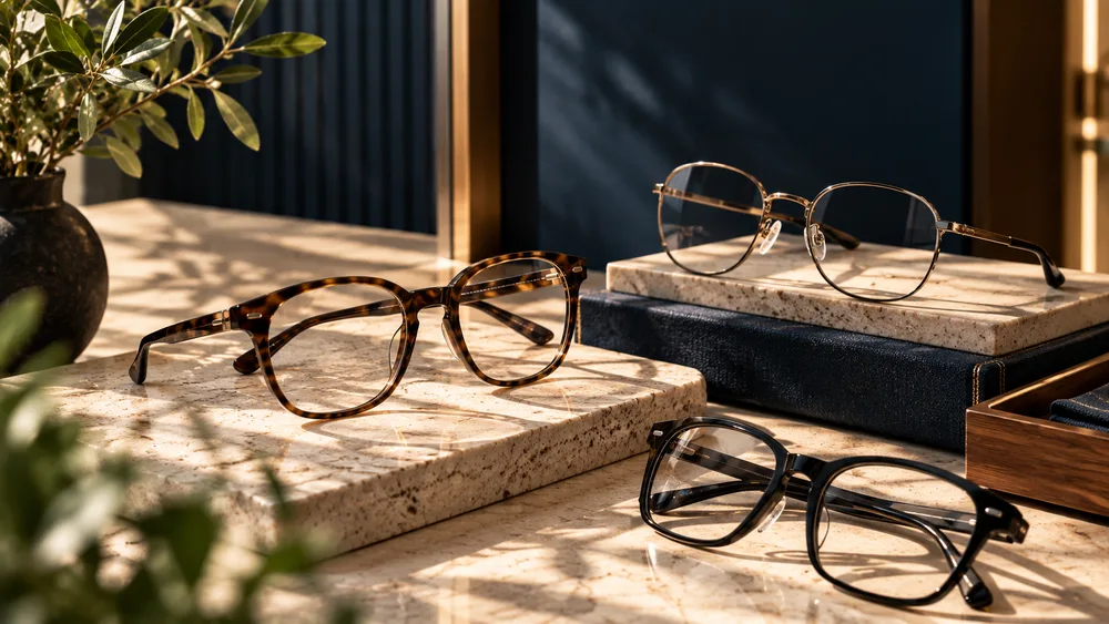 Eyeglass frames displayed on stone plinths in daylight
