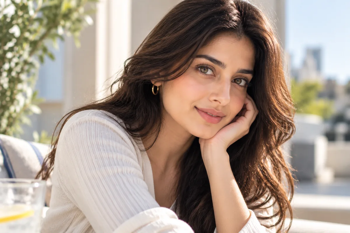 A woman photographed in daylight, eyes in focus
