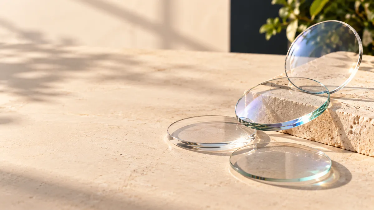 Optical lens on a stone surface in sunlight