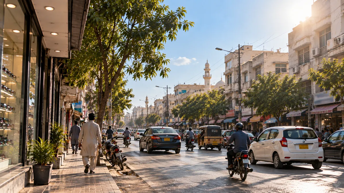 A sunlit street scene used to illustrate lens effects