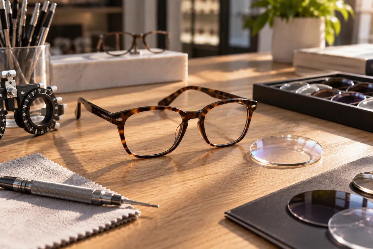 Eyeglasses and a spare lens on a workbench
